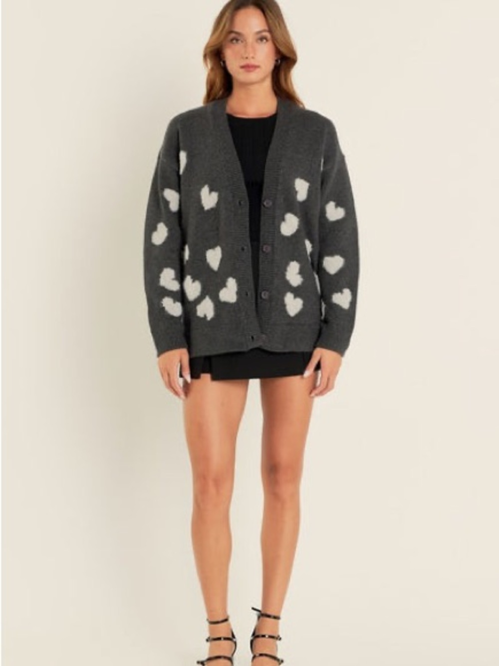 English Factory Charcoal Cardigan with White Heart Motif